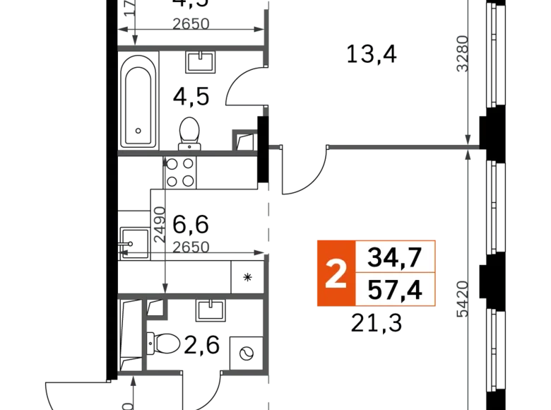 Mieszkanie 2 pokoi 57 m² North-Western Administrative Okrug, Rosja