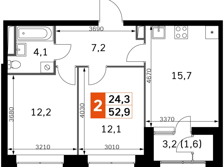 Квартира 2 комнаты 53 м² Москва, Россия