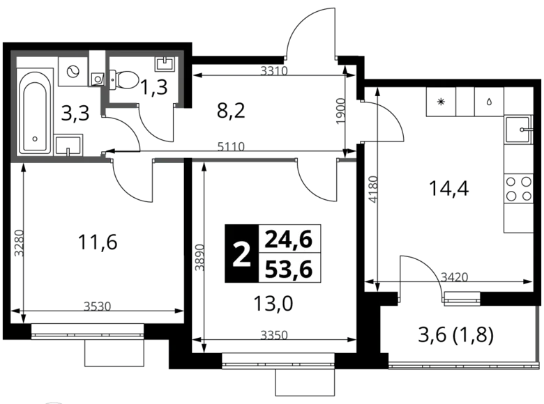 2 room apartment 54 m² Leninsky District, Russia