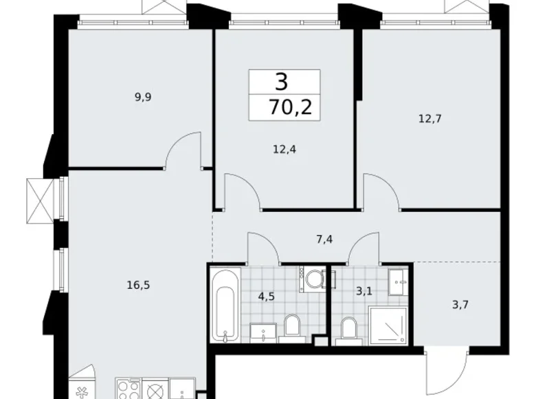 3 room apartment 70 m² Troitsk, Russia
