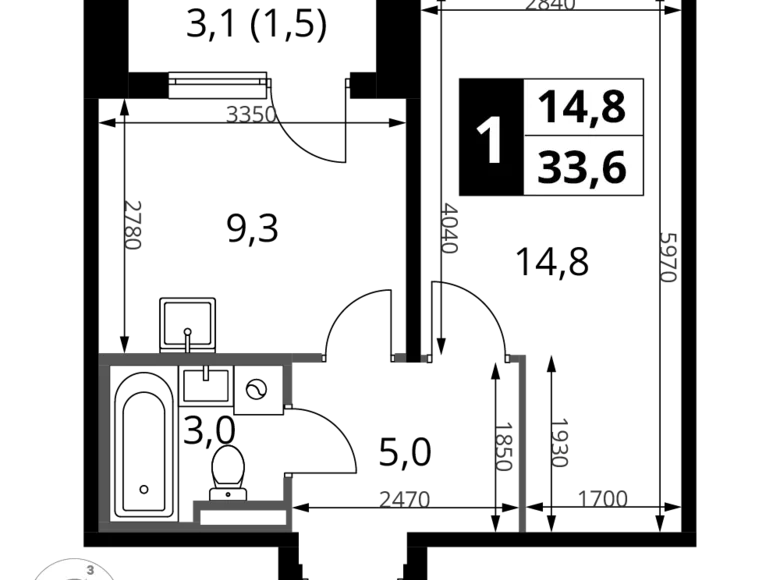 1 room apartment 34 m² Potapovo, Russia