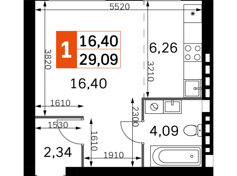 Квартира 1 комната 29 м² Одинцовский городской округ, Россия