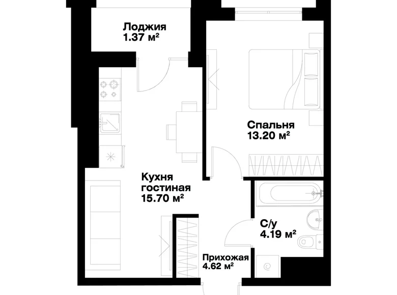 Kvartira 1 xona 39 m² Toshkentda