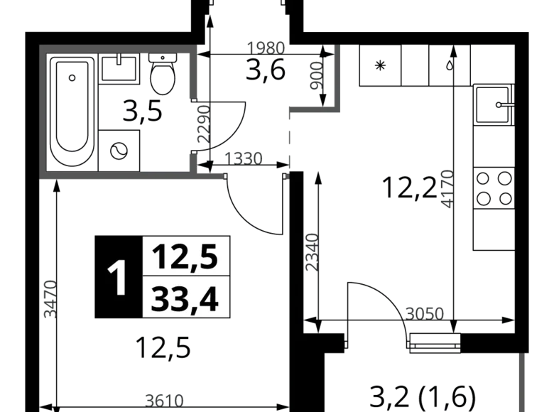 1 room apartment 33 m² Leninsky District, Russia