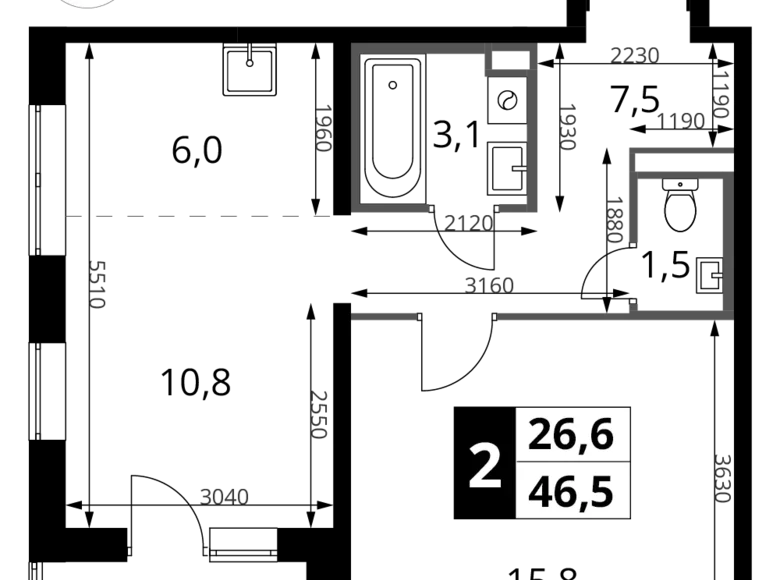 Квартира 2 комнаты 47 м² Сапроново, Россия