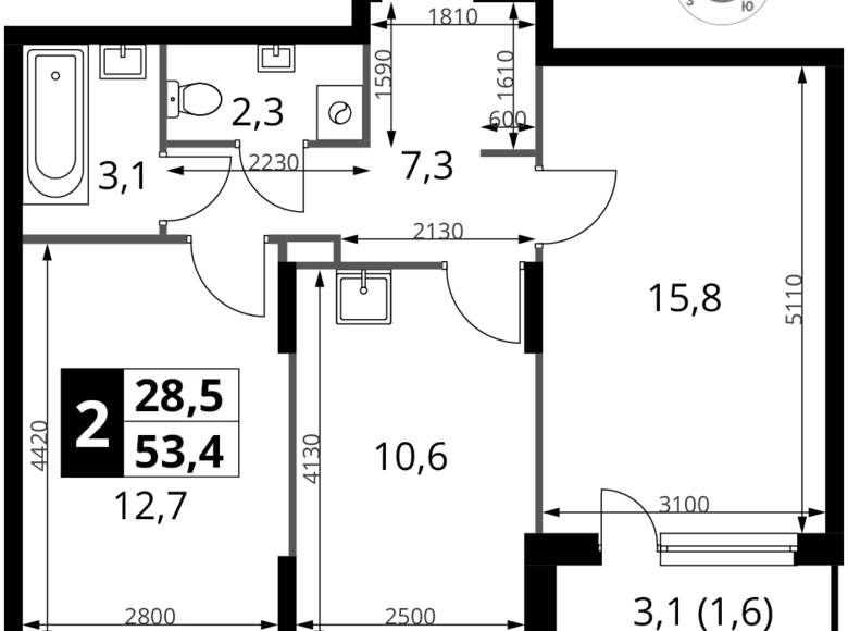 Wohnung 2 zimmer 53 m² Potapovo, Russland