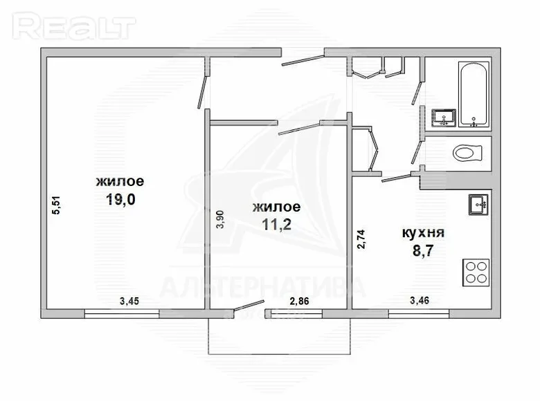 2 room apartment 52 m² Malaryta, Belarus