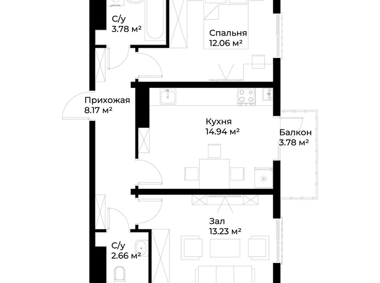 Kvartira 2 xonalar 56 m² Toshkentda