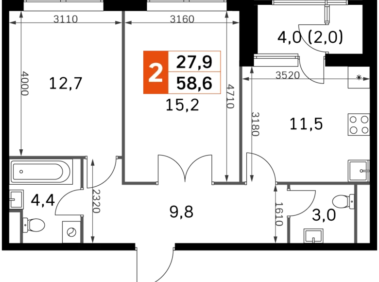 Квартира 2 комнаты 59 м² Москва, Россия