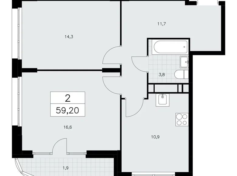 2 room apartment 59 m² Moscow, Russia