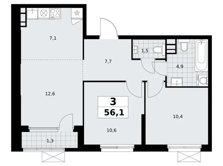 3 room apartment 56 m² South-Western Administrative Okrug, Russia