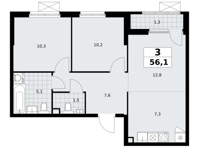 3 room apartment 56 m² South-Western Administrative Okrug, Russia