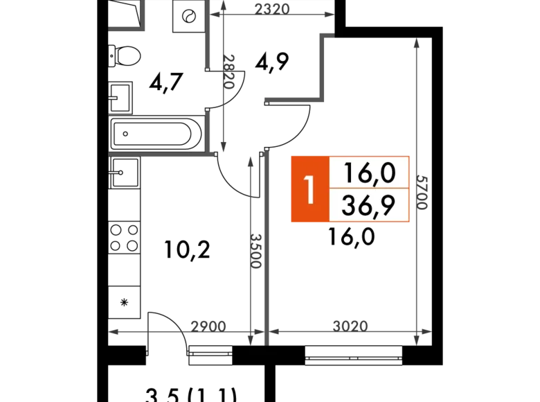 Mieszkanie 1 pokój 37 m² Razvilka, Rosja