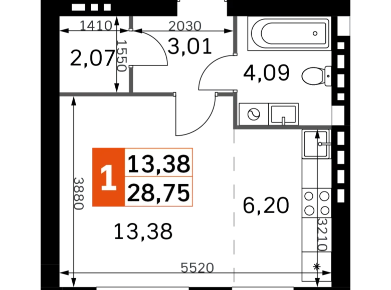 Квартира 1 комната 29 м² Одинцовский городской округ, Россия