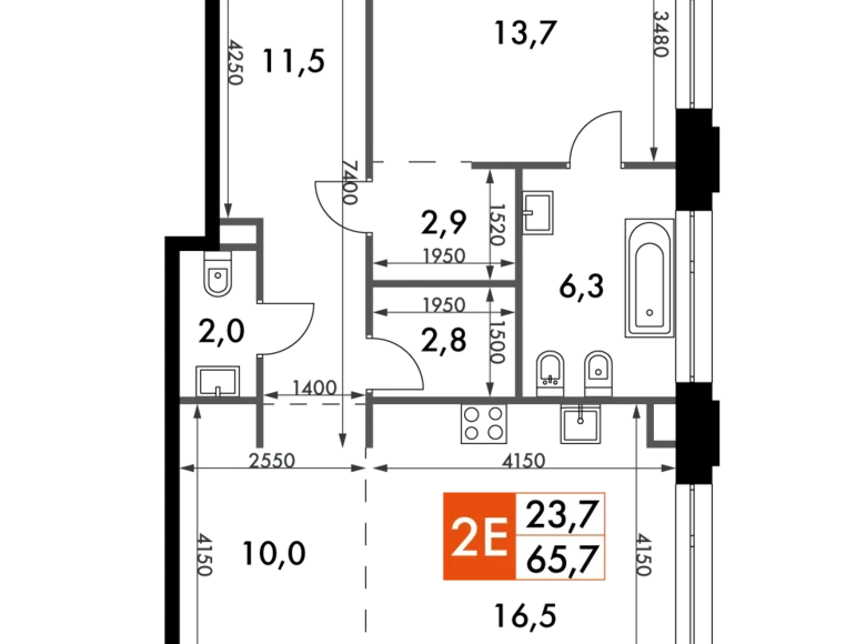 2 room apartment 66 m² North-Western Administrative Okrug, Russia