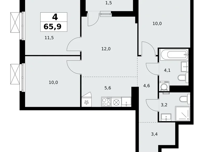 4 room apartment 66 m² poselenie Sosenskoe, Russia