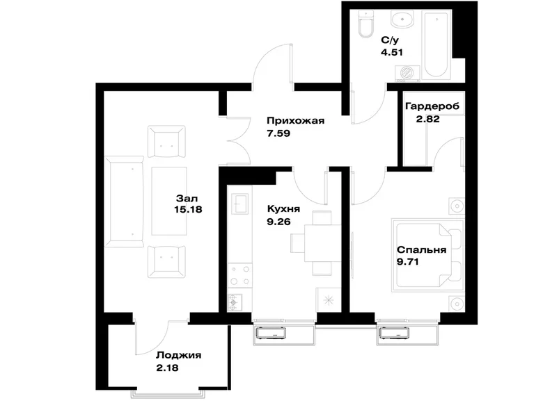 Квартира 2 комнаты 51 м² Ташкент, Узбекистан