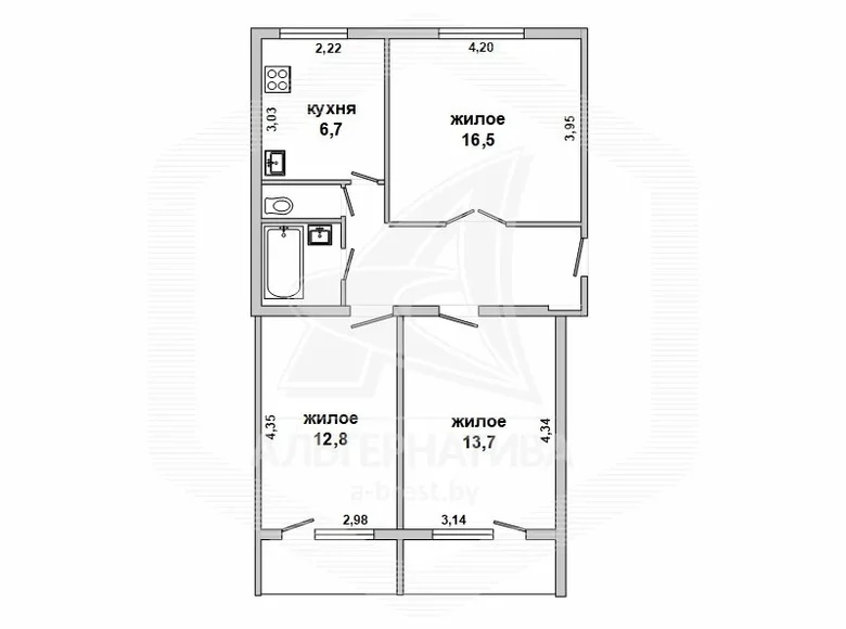 Квартира 3 комнаты 62 м² Брест, Беларусь