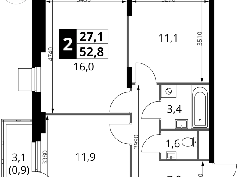 2 room apartment 53 m² Potapovo, Russia