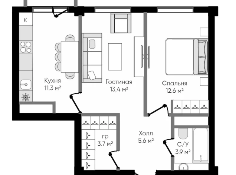 Квартира 2 комнаты 51 м² Ташкент, Узбекистан