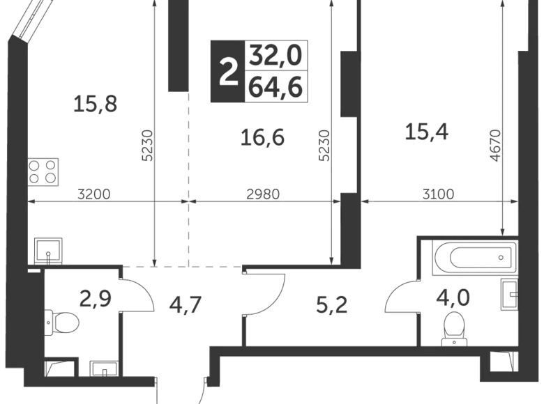 2 room apartment 65 m² Konkovo District, Russia