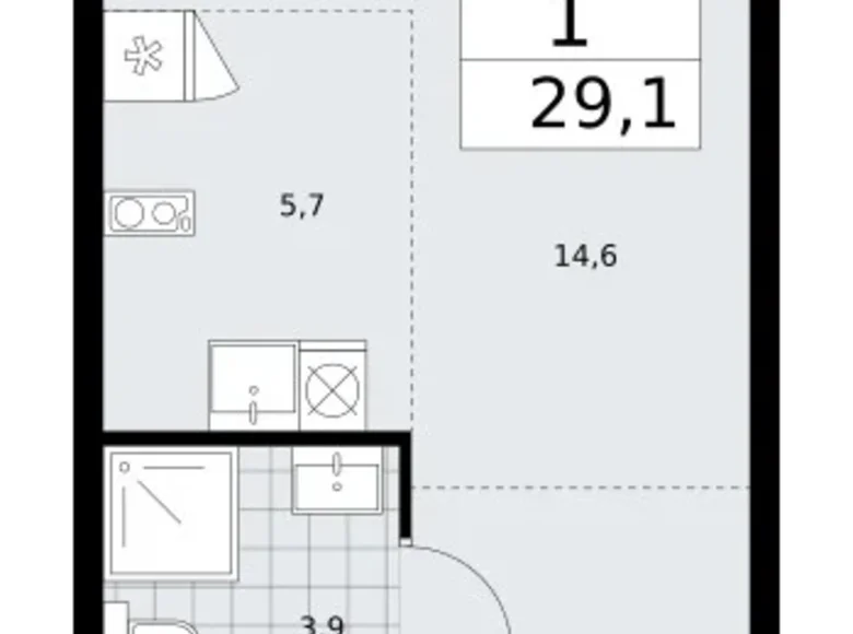 1 room apartment 29 m² Troitsk, Russia