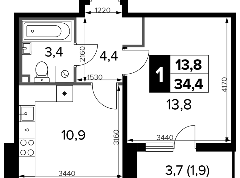 Квартира 1 комната 34 м² Химки, Россия