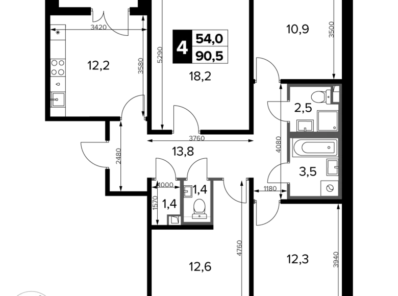 4 room apartment 91 m² Potapovo, Russia