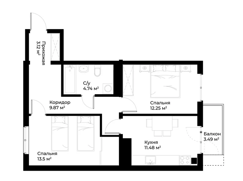 Квартира 2 комнаты 56 м² Ташкент, Узбекистан