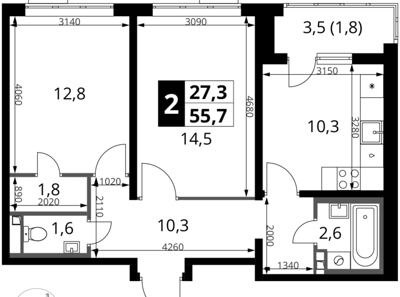 2 room apartment 56 m² Potapovo, Russia