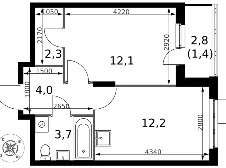 Квартира 1 комната 36 м² Сапроново, Россия