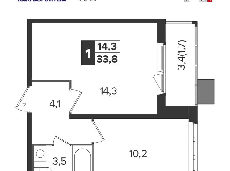 1 room apartment 34 m² Leninsky District, Russia