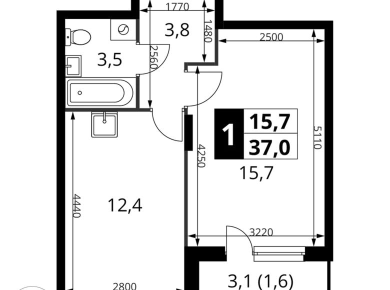 1 room apartment 37 m² Potapovo, Russia