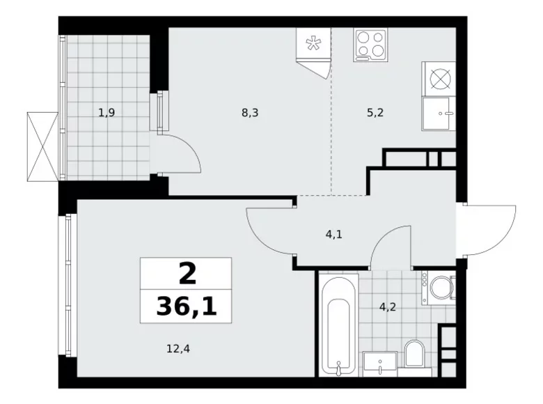 2 room apartment 36 m² Moscow, Russia