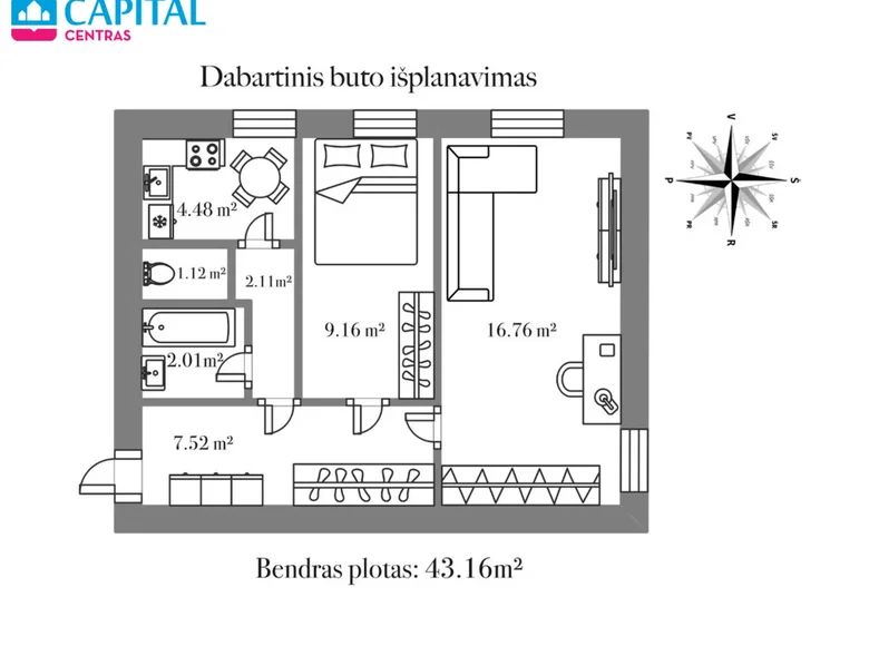 2 room apartment 43 m² Vilnius, Lithuania