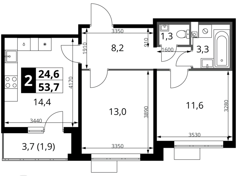 Appartement 2 chambres 54 m² Leninsky District, Fédération de Russie