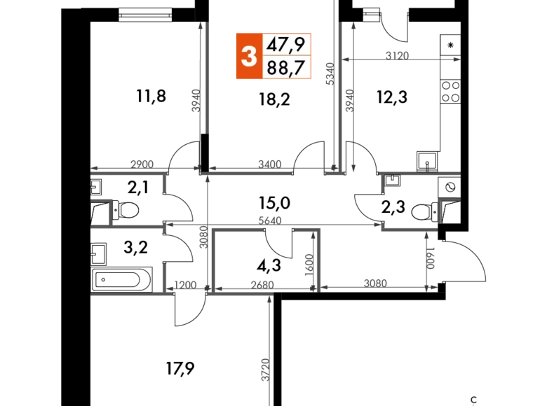 Mieszkanie 3 pokoi 89 m² Razvilka, Rosja