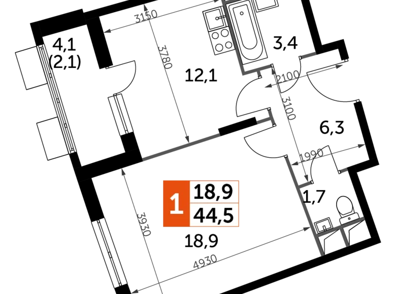 Mieszkanie 1 pokój 44 m² Razvilka, Rosja