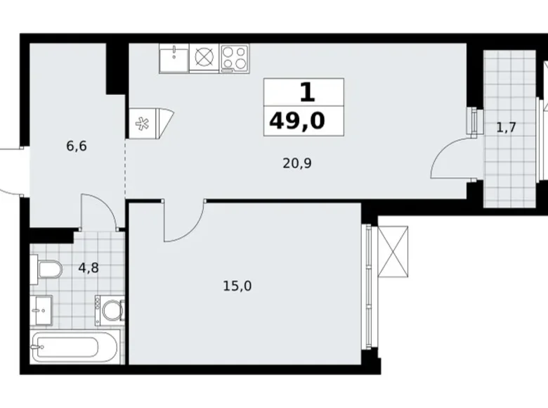 Квартира 1 комната 49 м² район Троицк, Россия