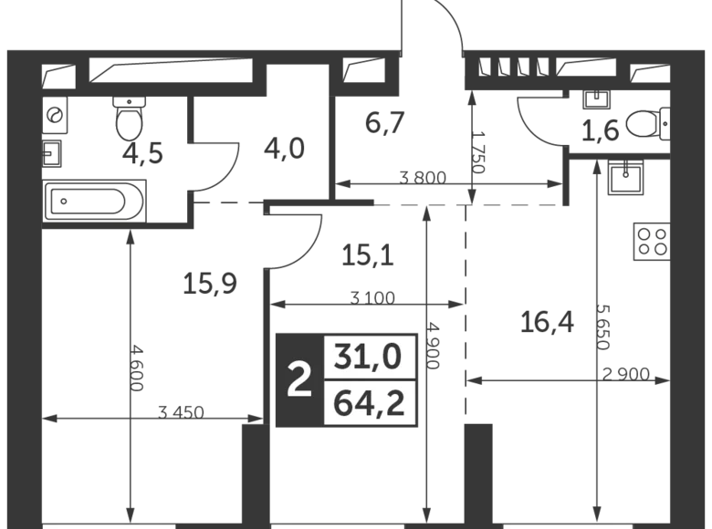 Apartamento 2 habitaciones 64 m² Konkovo District, Rusia