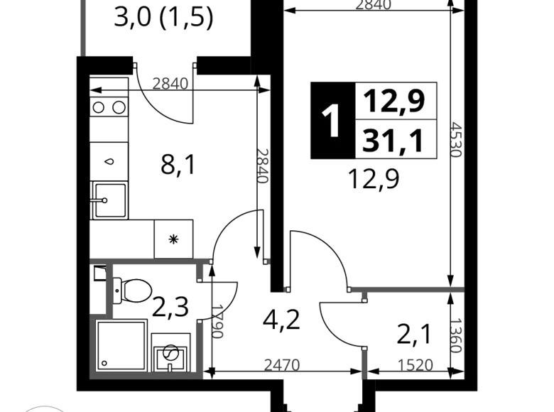 1 room apartment 31 m² Potapovo, Russia