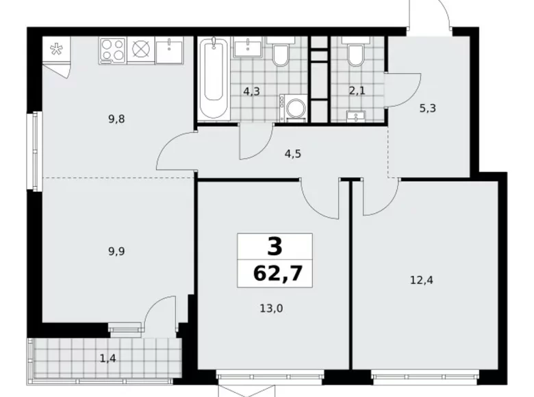Apartamento 3 habitaciones 63 m² Moscú, Rusia