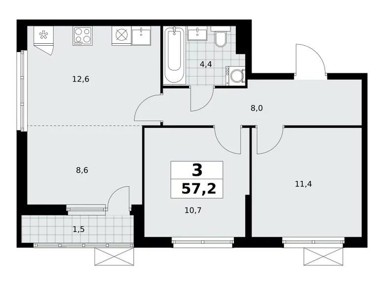 3 room apartment 57 m² poselenie Sosenskoe, Russia