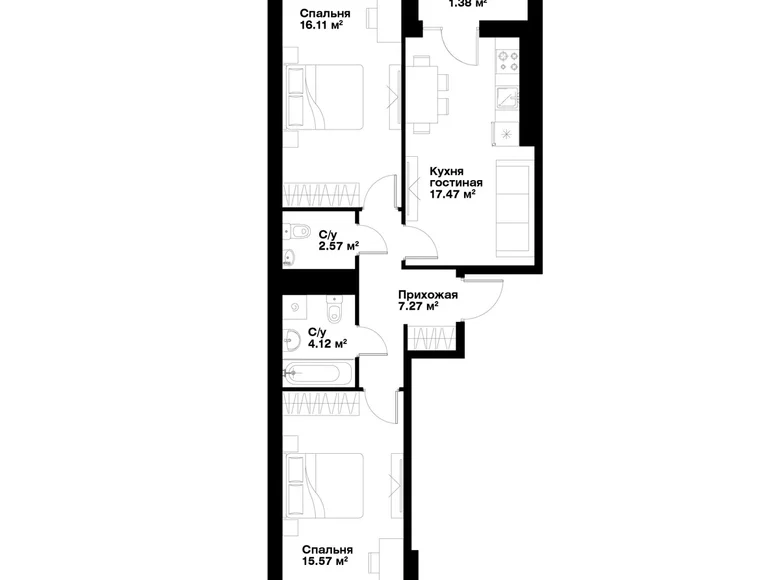 Квартира 2 комнаты 67 м² Ташкент, Узбекистан