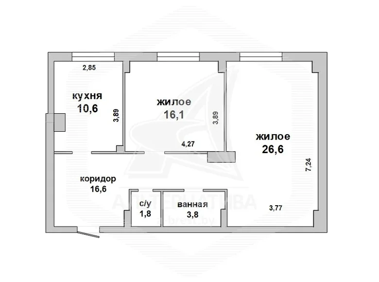 2 room apartment 76 m² Pruzhany, Belarus