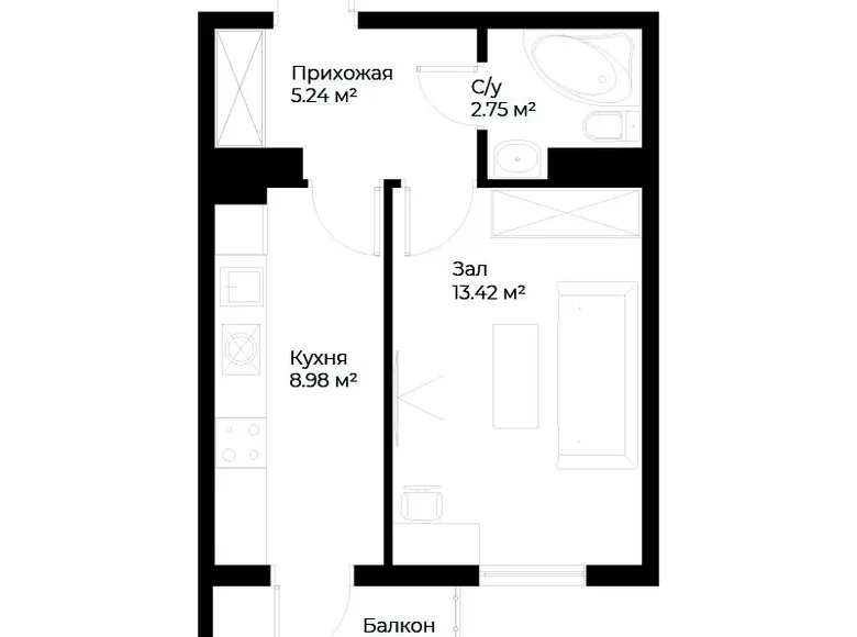 Квартира 1 комната 32 м² Ташкент, Узбекистан