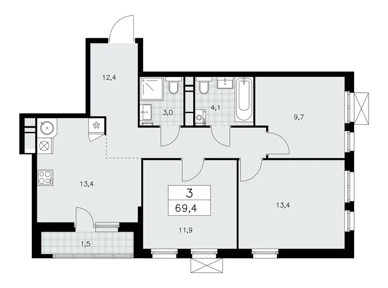 3 room apartment 69 m² Moscow, Russia