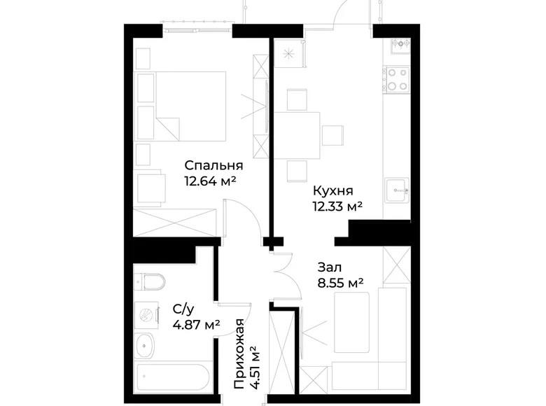 Квартира 1 комната 44 м² Ташкент, Узбекистан