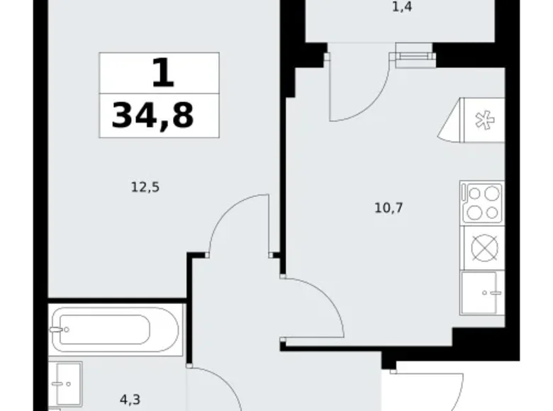 1 room apartment 35 m² Troitsk, Russia
