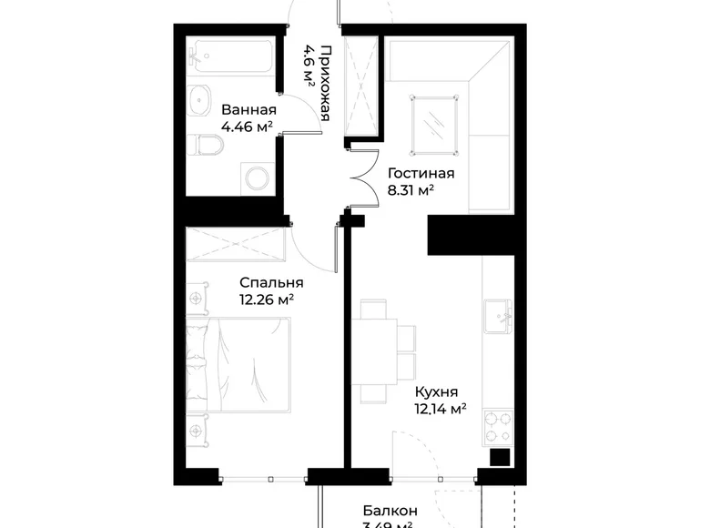 Квартира 2 комнаты 43 м² Ташкент, Узбекистан